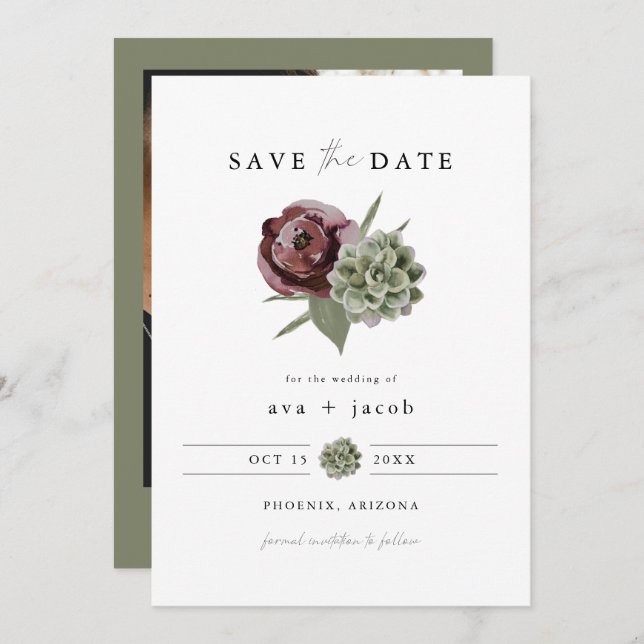 AVA Burgundy Floral Succulent Desert Save the Date Invitation (Front/Back)