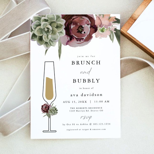 AVA Burgundy Succulent Brunch and Bubbly Champagne Invitation (Creator Uploaded)