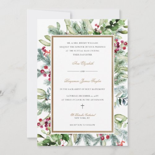 Ava Christmas Greenery Catholic Wedding Invitation
