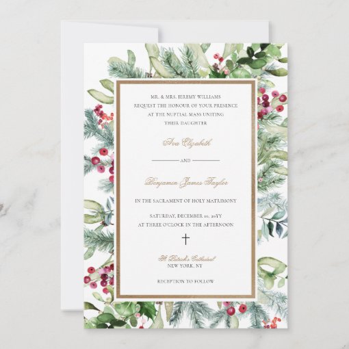 Ava Christmas Greenery Catholic Wedding Invitation | Zazzle