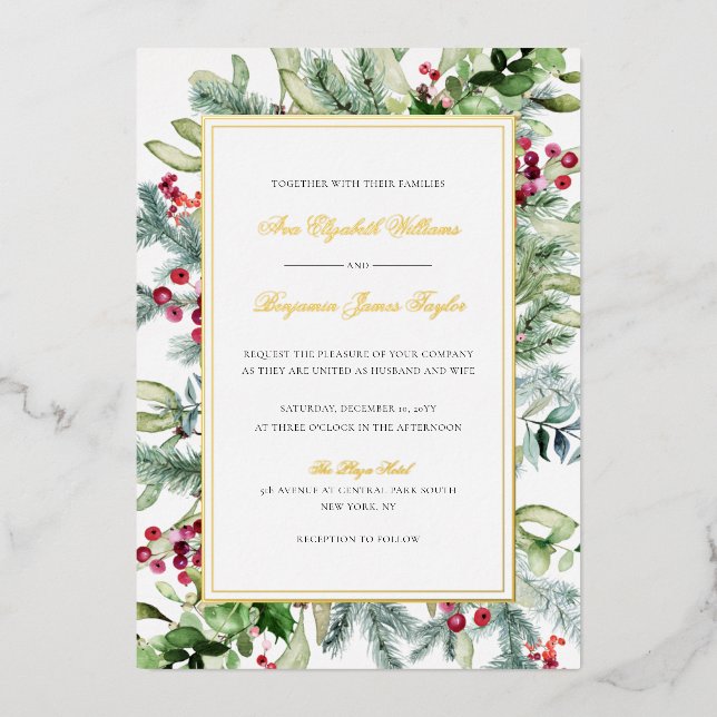 Ava Gold Foil Winter Wedding Invitation with RSVP Foil Invitation (Front)