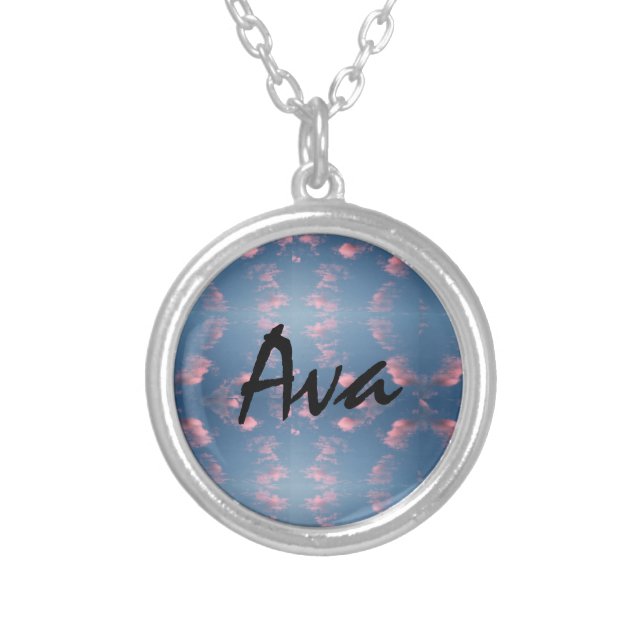 Ava name blue sky red sunset clouds pattern silver plated necklace (Front)