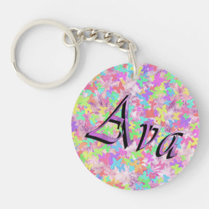 Ava, Name Logo on Pastel Butterflies, Keychain