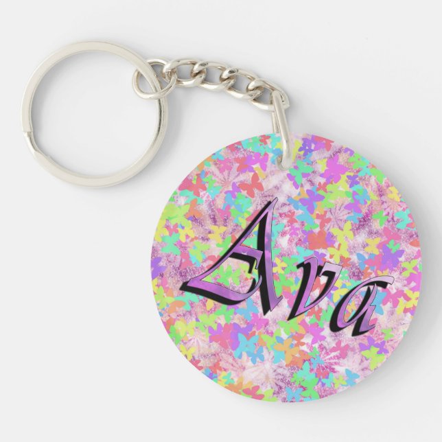 Ava, Name Logo on Pastel Butterflies, Keychain (Front)