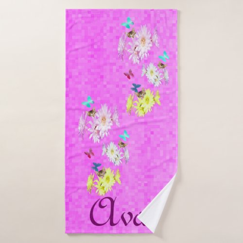 Ava Name Logo With Kittens And Butterflies Bath Towel
