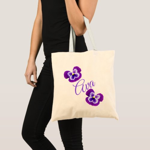 Ava Name Logo With Purple Pansies Tote Bag