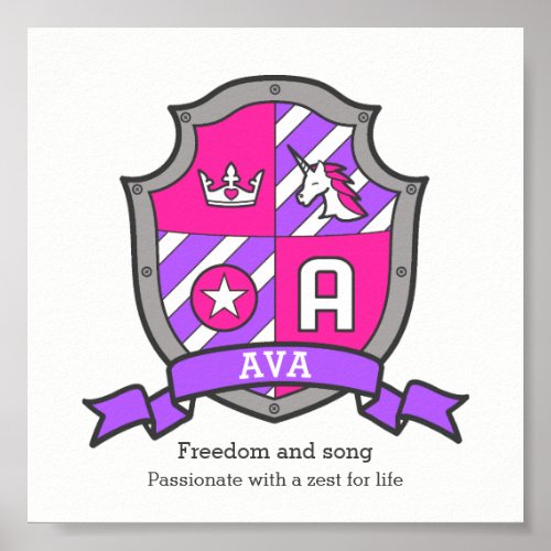 Ava name meaning unicorn letter A crest poster