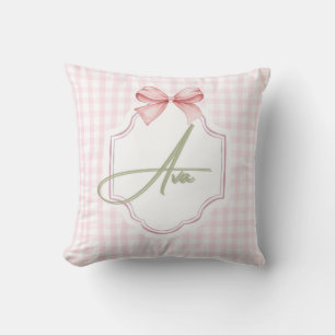 Ava Personalized Pink Bow & Gingham Print Throw Pillow
