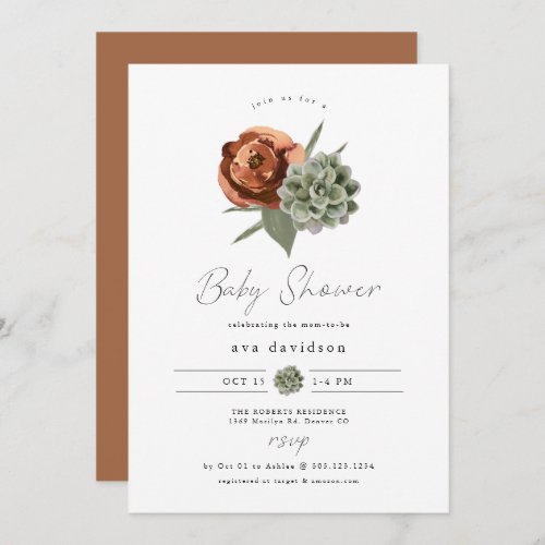AVA Terracotta Floral Succulent Fall Baby Shower Invitation