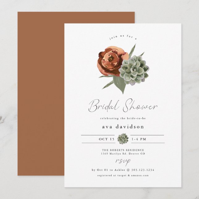 AVA Terracotta Floral Succulent Fall Bridal Shower Invitation (Front/Back)
