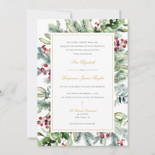Ava Winter Catholic Wedding Invitation with RSVP (Front)