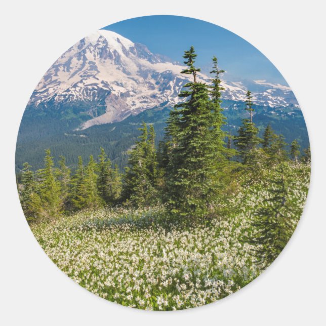 Avalanche lilies and Mount Rainier Classic Round Sticker (Front)