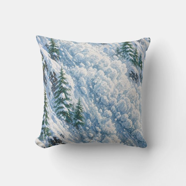 Avalanche Mountain Snow Scene Throw Pillow (Front)