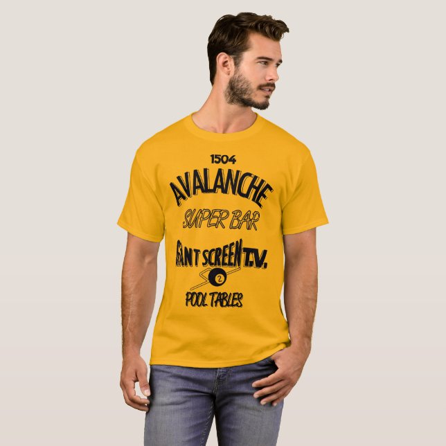 Avalanche Super Bar Marquette - Blue on Gold Shirt (Front Full)