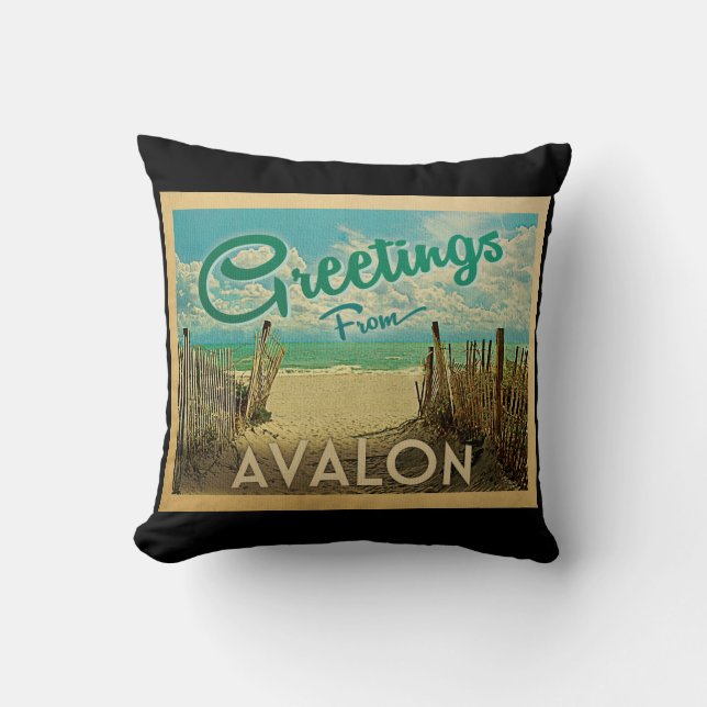Avalon Beach Vintage Travel Throw Pillow (Front)
