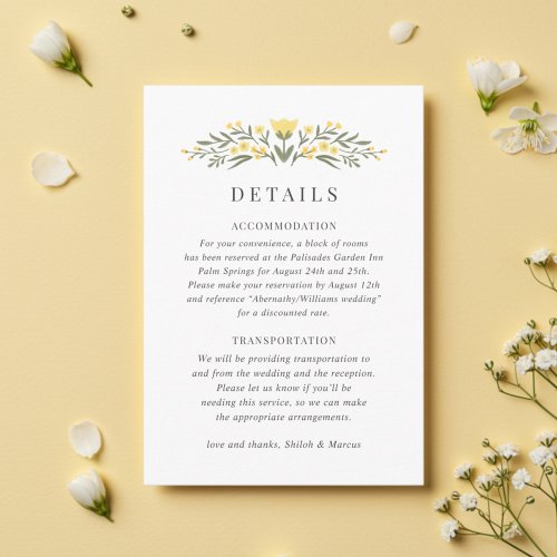 Avalon Butter Yellow Floral Wedding Details Enclosure Card
