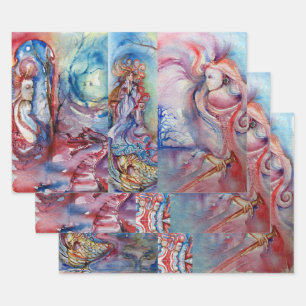 AVALON, LADY OF LAKE, MORGANA Pink Blue Fantasy Wrapping Paper Sheets