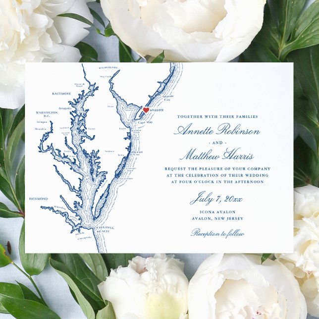 Avalon New Jersey Elegant Wedding Invitation (Elegant Avalon New Jersey Map Wedding Invitation with navy blue script typography and red heart)