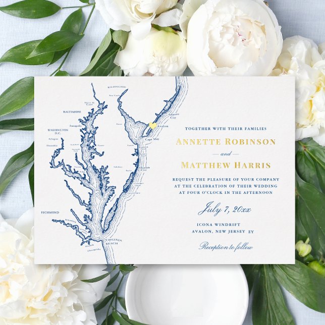Avalon New Jersey Wedding Navy Blue and Gold  Foil Invitation (Elegant Avalon New Jersey Wedding Invitation with Gold Foil and navy blue script font )