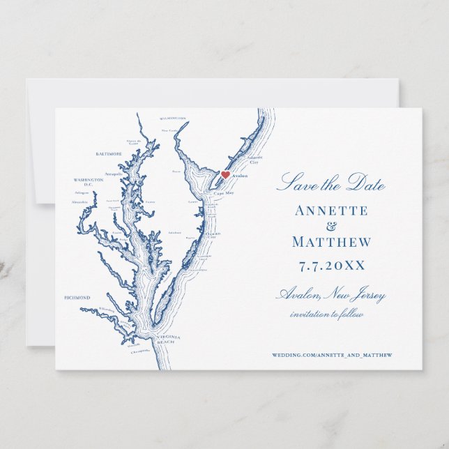 Avalon NJ Map Elegant Navy Blue Wedding Save The Date (Front)