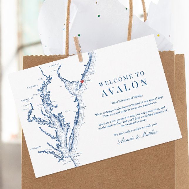 Avalon NJ Wedding Weekend Events Welcome Itinerary Thank You Card (Welcome To Avalon New Jersey Wedding Itinerary and Weekend Events Letter in elegant navy blue)