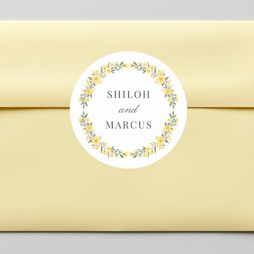 Avalon Yellow Wildflowers Circle Wedding Names Classic Round Sticker