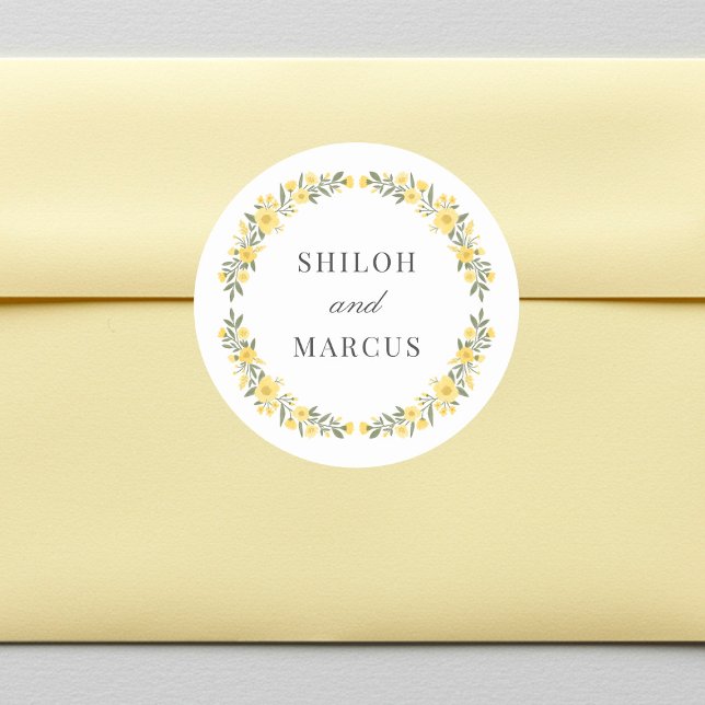 Avalon Yellow Wildflowers Circle Wedding Names Classic Round Sticker (Creator Uploaded)