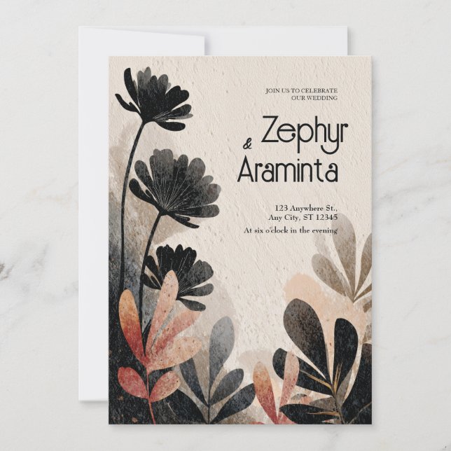 Avant Garde Black Flower Abstract Autumn Wedding Invitation (Front)