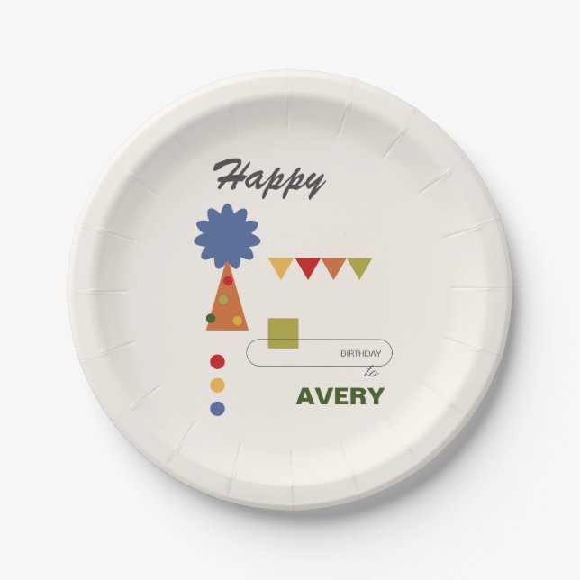 Avant Garde Neutral Primary Birthday Paper Plates (Front)
