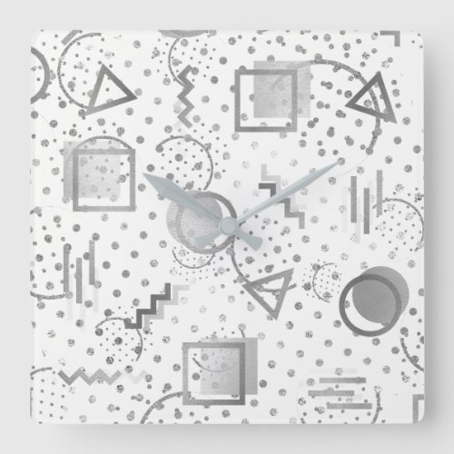 Avantgarde Retro Zig Zag Dots Silver Gray White Square Wall Clock