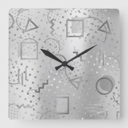 Avantgarde Retro Zig Zag Dots Silver Metallic Gray Square Wall Clock