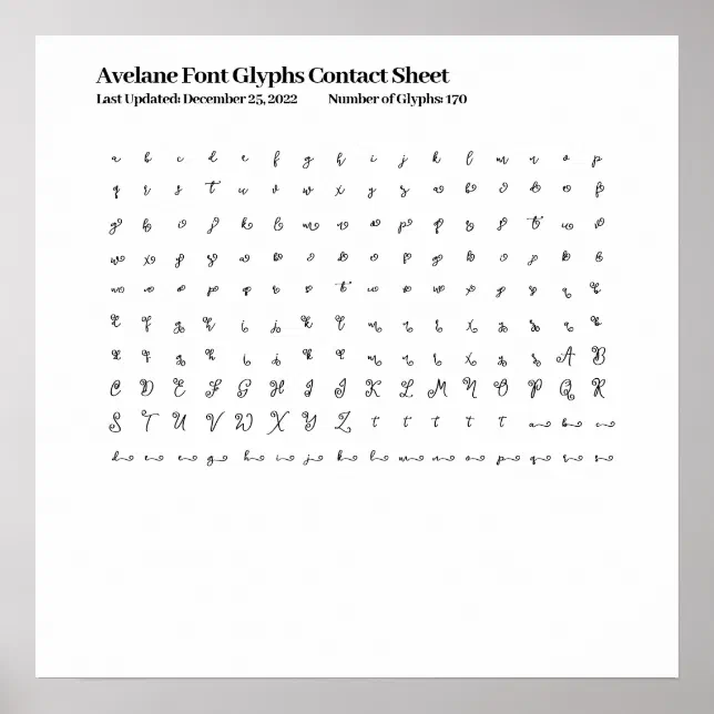 Avelane Font Glyphs Contact Sheet Poster | Zazzle