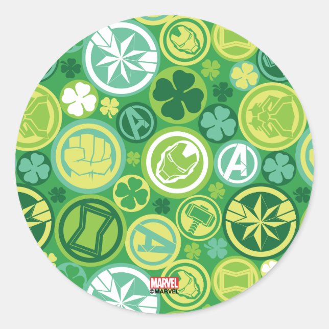 Avenger Icons & Shamrocks Pattern Classic Round Sticker (Front)