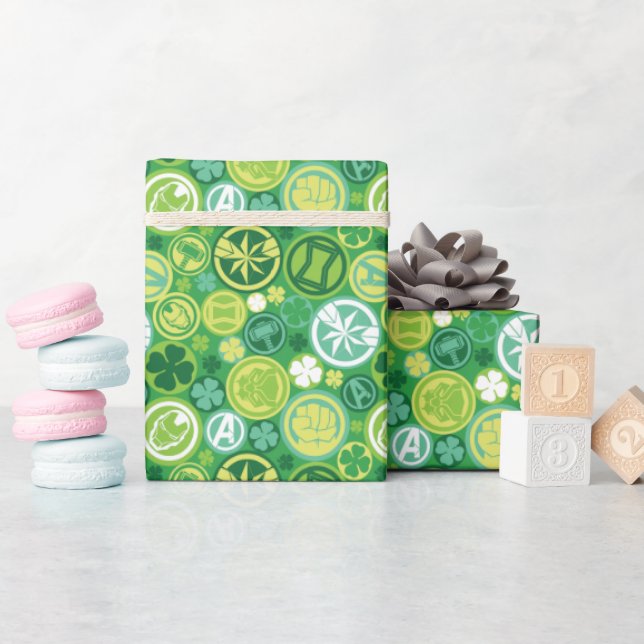 Avenger Icons & Shamrocks Pattern Wrapping Paper (Baby Shower)