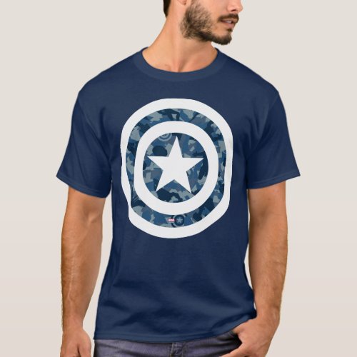 Avengers | Captain America Blue Camo Pattern T-Shirt - Check out this white outline of Captain America's shield drawn overtop a blue Avengers themed camouflage pattern, featuring heroic silhouettes in blue camo colors!