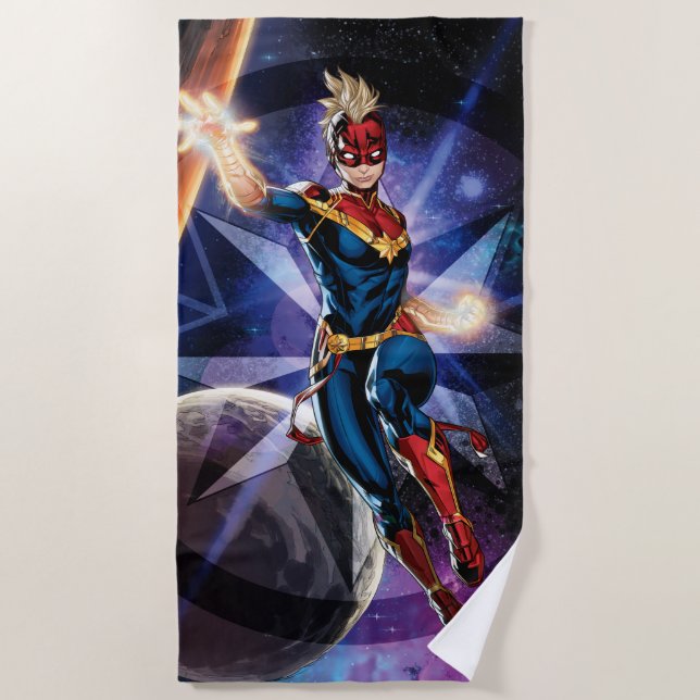 Avengers | Captain Marel Flying Through Space Beach Towel (Front)