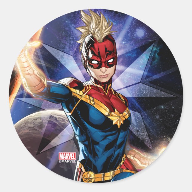 Avengers | Captain Marel Flying Through Space Classic Round Sticker (Front)
