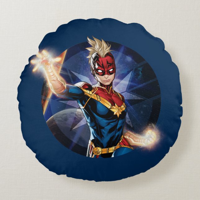Avengers | Captain Marel Flying Through Space Round Pillow (Front)