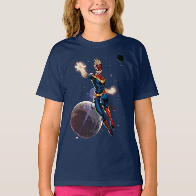 Avengers | Captain Marel Flying Through Space T-Shirt (Front)