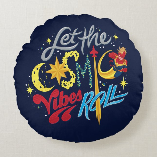 Avengers | Captain Marvel Cosmic Vibes Typography Round Pillow (Front)