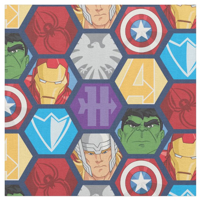 Avengers Character Faces & Logos Badge Fabric (Close Up)