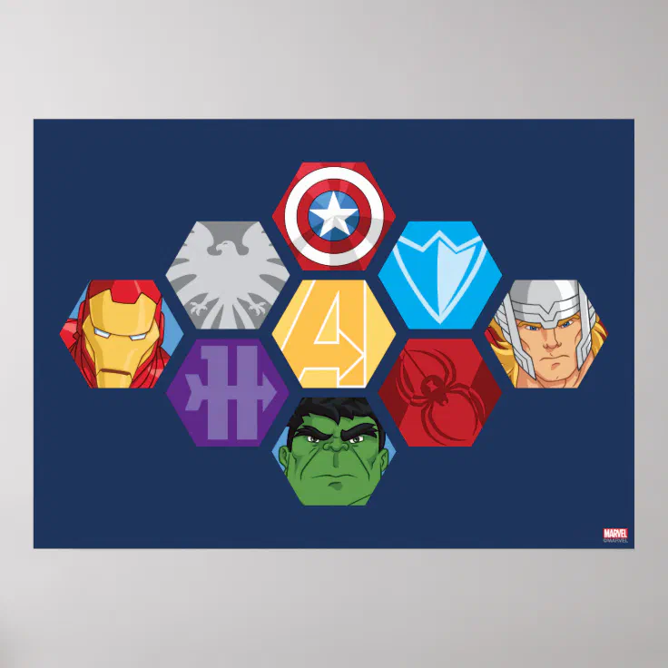 Avengers Character Faces & Logos Badge Poster | Zazzle