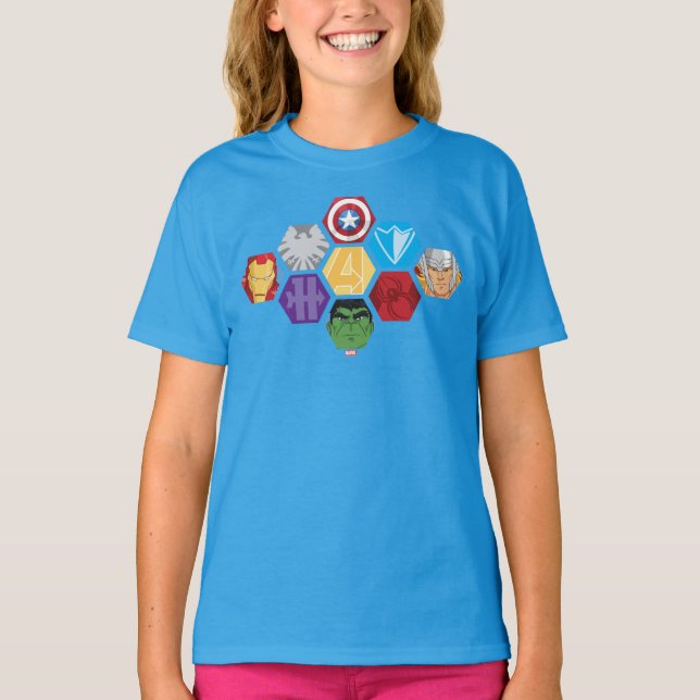 Avengers Character Faces & Logos Badge T-Shirt (Front)