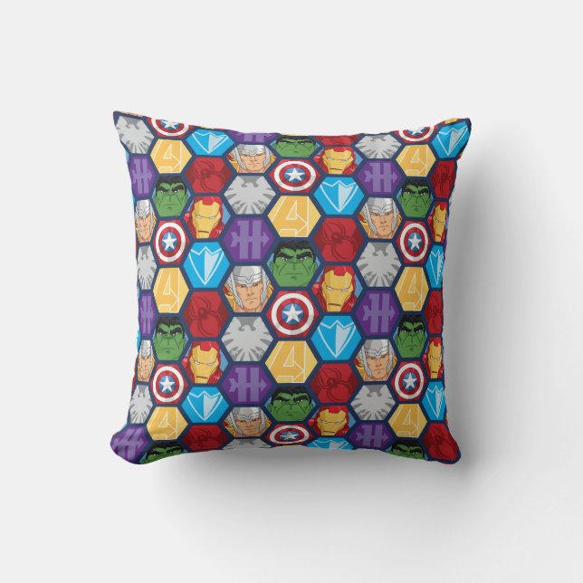 Avengers Character Faces & Logos Badge Throw Pillow (Front)
