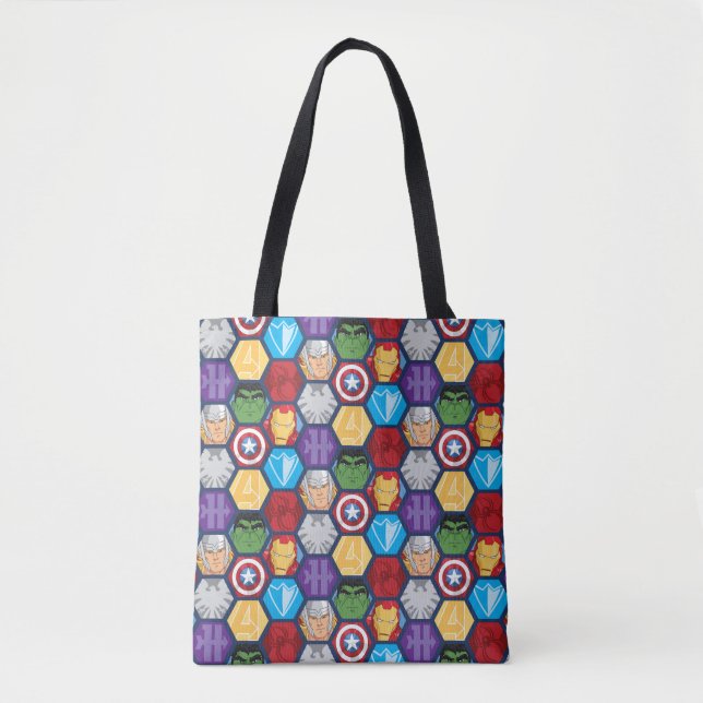 Avengers Character Faces & Logos Badge Tote Bag (Front)