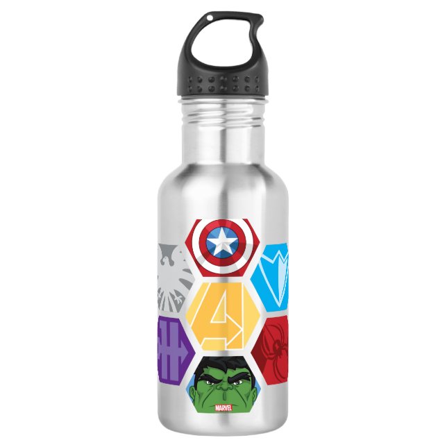 Avengers Character Faces & Logos Badge Water Bottle (Front)