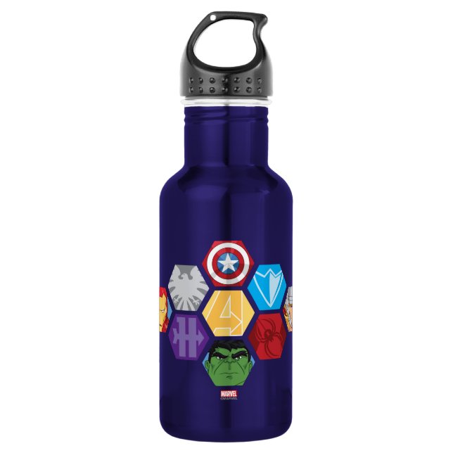 Avengers Character Faces & Logos Badge Water Bottle (Front)