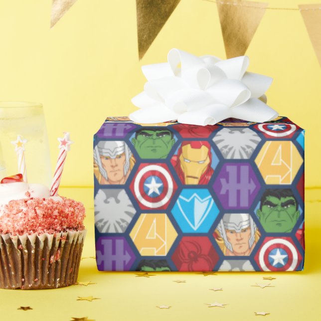 Avengers Character Faces & Logos Badge Wrapping Paper (Birthday Party)