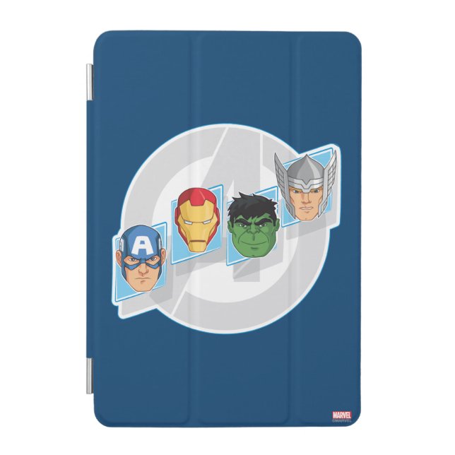 Avengers Character Faces Over Logo iPad Mini Cover (Front)