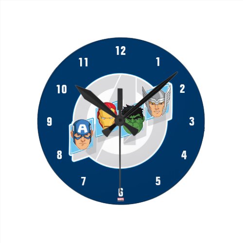 Avengers Character Faces Over Logo Round Clock - Avengers Assemble | The Avengers logo featuring the cartoon heads of Captain America, Iron Man, Hulk, and Thor.